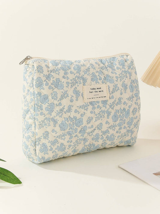 Blue Floral Quilted Cosmetic Bag