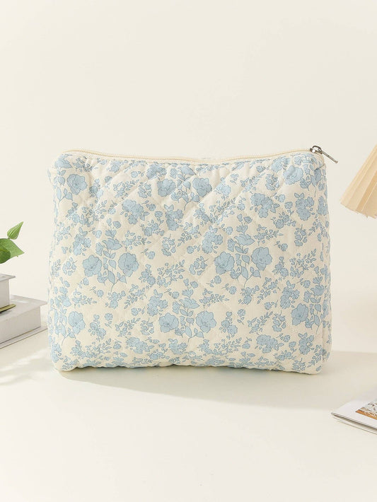 Blue Floral Quilted Cosmetic Bag