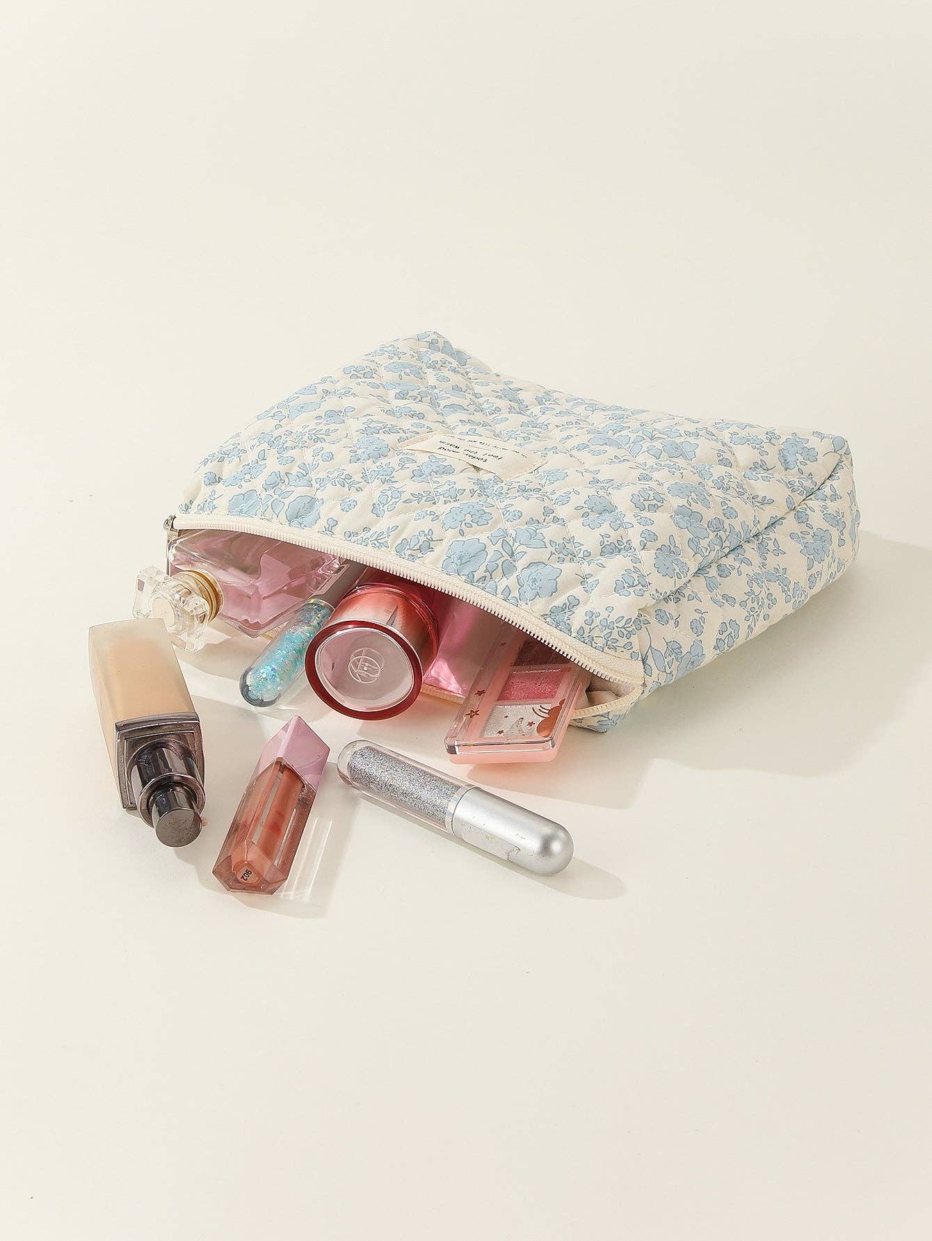 Blue Floral Quilted Cosmetic Bag